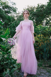 Robe longue en tulle à manches bouffantes et col Bardot Katrina